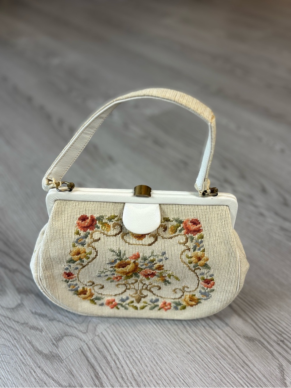 Cream Floral Tapestry Mini Handbag with Top Handle